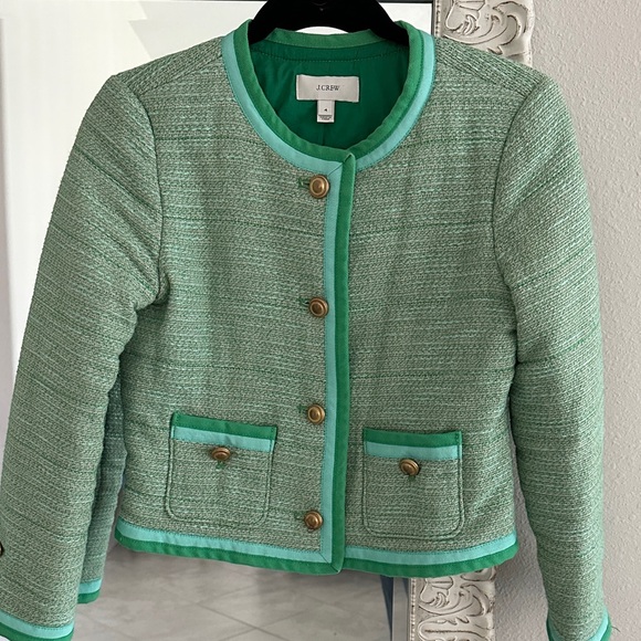 J. Crew Jackets & Blazers - J. Crew Lady Jacket Mint Green Tweed Collarless Blazer